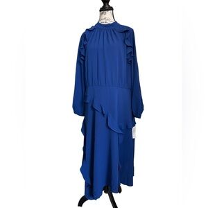 Donna Morgan Cobalt Blue Ruffle Midi Dress Long Sleeve High Neck US 18